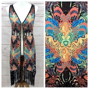 Bebe Boho Festival Geometric Kaleidoscope Tassel Fringe Duster Kimono Cardigan